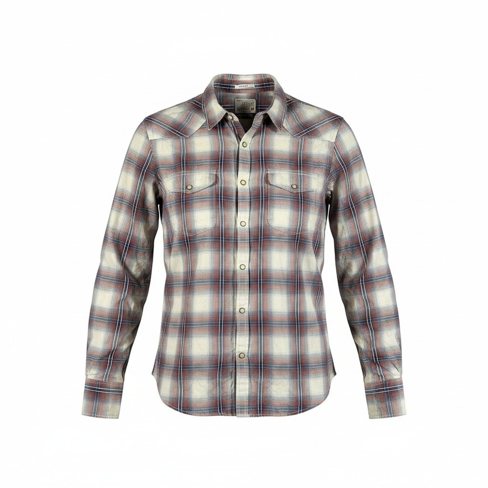 Lucky Brand Mens Classic Fit Western Pearl Snap Plaid Shirt Red White Blue Med